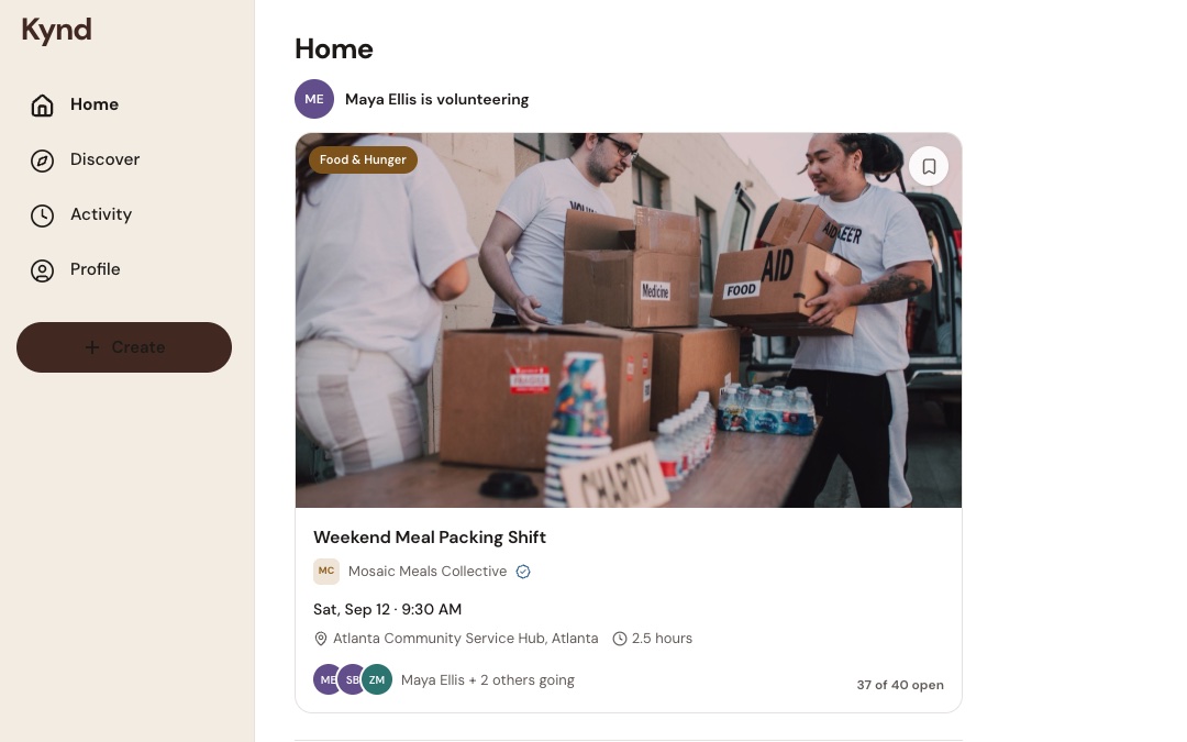 The Kynd app, showing a community feed where Maya Ellis is volunteering at a weekend meal packing shift in Atlanta