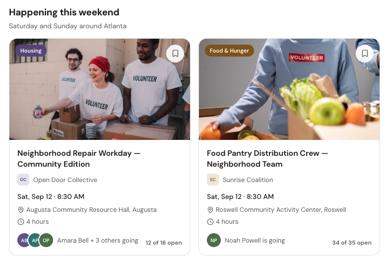 Kynd Discover, showing opportunities happening this weekend around Atlanta with photos, hosts, times, distances and how many spots are open.
